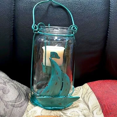 Veleiro verde tema praia náutico lanterna vela 6” de altura com vela votiva - Imagem 1 de 4