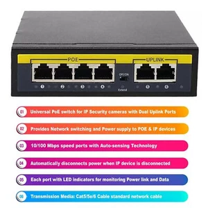 4-8 Channel PoE Switch Ethernet 10/100 Mbps Network 10 PORT Hub For CCTV IP NVR - Picture 1 of 34