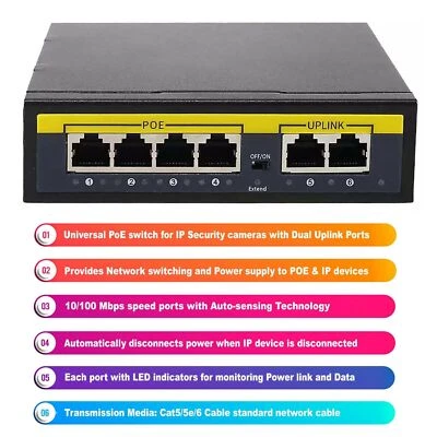 4-8 Channel PoE Switch Ethernet 10/100 Mbps Network 10 PORT Hub For CCTV IP NVR - Image 1 of 4
