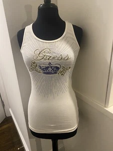 Nueva camiseta sin mangas GUESS blanca cristal tachonado logotipo brillante talla mediana vintage acanalada - Imagen 1 de 7