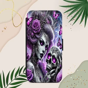 Gothic Girl Skull Purple Flip wallet phone case cover for iPhone Samsung Pixel - Picture 1 of 4