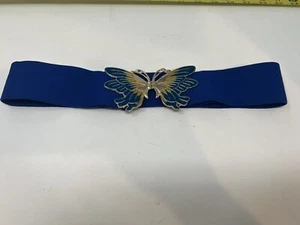 Women's Stretch Enamel Butterfly Belt 70's - 80's Blue Yellow Gold Vintage - Picture 1 of 7