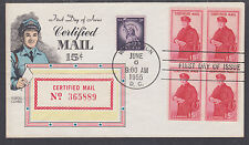 US Sc FA1 FDC. 1955 15c Certified Mail, Block of 4, Fluegel Color Cachet, VF