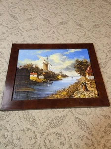 ANTIKES SCHÖNES ÖLGEMÄLDE HOLLÄNDISCHER HAFEN WASSER WINDMÜHLE BOOT SZENE - Bild 1 von 9