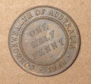 Old Bronze Copper Coin George VI 1938 (Melbourne) Australia Half Penny KM#35 AU+ - Picture 1 of 3
