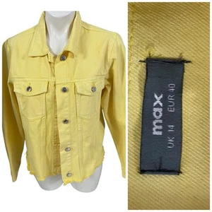 Max Denim Jacket Womens Large Butter Yellow Distressed Loose Summer Trucker - Picture 1 of 15