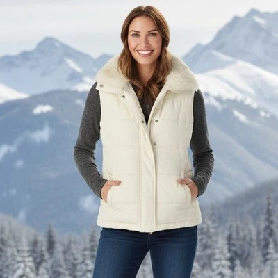 Chaps Puffer Vest Womens XL Beige Faux Fur Collar Snap Zip Pockets Outdoor Boho - Image 1 of 4