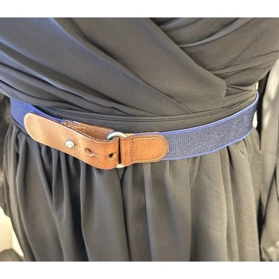LOFT Stretch Elastic Webbing Belt Blue Leather Brown Buckle Streetwear 47-08 - Image 1 of 4