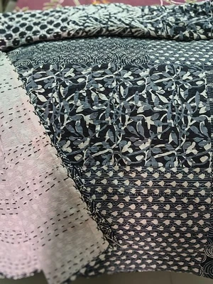 Indian Block King Size Cotton Patchwork Kantha Quilt Throw Blanket Bedspread Art - Image 1 of 4