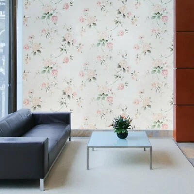Rollos de papel tapiz floral rosa flores blanco roto crema texturizado imitación textil Foto 1 de 4