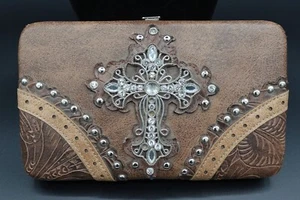 Western Geldbörse verblasst Stil Kunstleder Strass Kreuz & Metallbesatz Größe Small - Bild 1 von 18