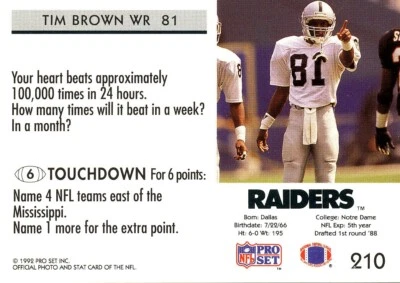 PRO-SET FACT Tim Brown RAIDERS Notre Dame HOF - Image 1 of 2