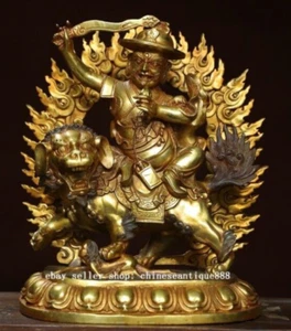 11" Old Tibet Buddhism Bronze Palden Lhamo Deity Laksmi Ride Lion Beast Statue - Picture 1 of 9