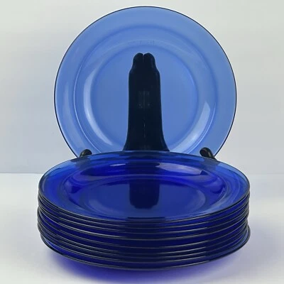 10 Arcoroc Saphir Blue 7 3/8" Salad Plates-Pressed Glass Blue Rim MCM Dinnerware - Image 1 of 4