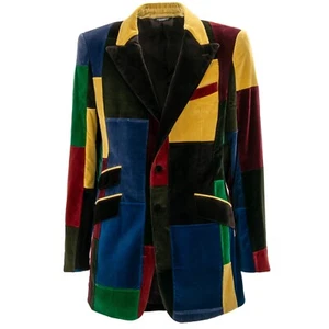 DOLCE & GABBANA Long Patchwork Velvet Blazer Jacket Yellow Black Blue 48 US 38 M - Picture 1 of 8