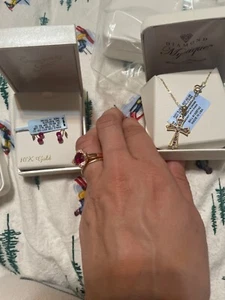 10k gold cherry rubby earings stud and cross with rubies diamonds accents ring i - Picture 1 of 4