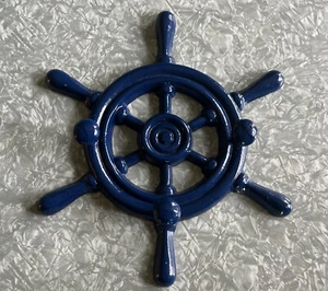 Cast Iron Blue Enamel Ship Boat Wheel 3 Coat Wall Hooks Nautical Decor - Picture 1 of 3