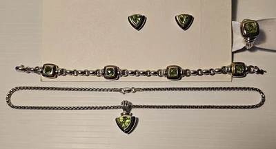 Peridot, Sterling, 14k Gold.  Necklace 16",  Bracelet 8", Earrings, Ring Sz 7 - Image 1 of 4