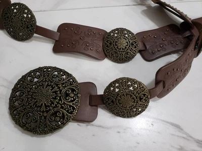 Cinturón Western Concho TALLA PLUS 1X/2X Cuero Marrón Latón Boho Tachonado CATO y2k Foto 1 de 4