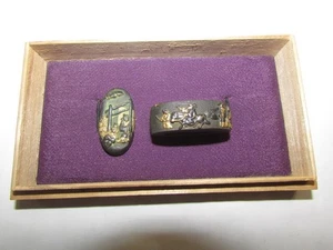 Espada japonesa Fuchi Kashira Edo incrustación caballo jinete pino motivo coleccionistas - Imagen 1 de 10