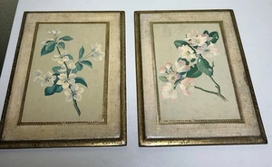 2-Vintage Antiqued Florentine Floral Plaques Italy Marked Apple Blossom - Picture 1 of 7