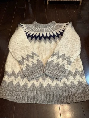 VTG Hand Knit WOOL ICELANDIC Sweater Lopi style Nordic Yoke Chevron Cream L  - Image 1 of 4