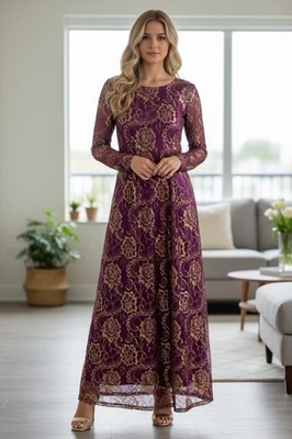 Vestido de noite Kabayare pequeno roxo dourado renda manga longa floral elegante formal - Imagem 1 de 4