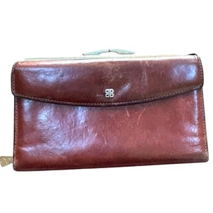 Cartera de chequera Bosca vintage cuero marrón rojizo dorado bloqueo de beso bolsillo para monedas - Imagen 1 de 10