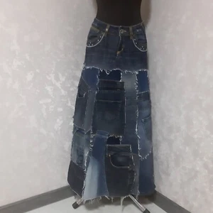Denim patchwork skirt, Casual long skirt of shabby jeans - Picture 1 of 10