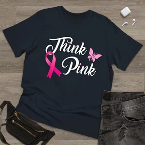 Think Pink Brustkrebs T-Shirt, Brustkrebs Bewusstsein T-Shirt, rosa Band Top - Bild 1 von 5
