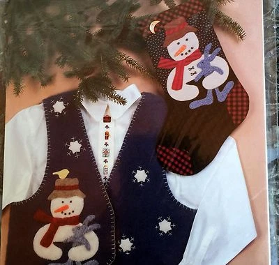 SNOW BUDDIES Applique Pattern SNOWMAN VEST & CHRISTMAS STOCKING Primitive Rabbit - Image 1 of 2