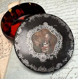 Antique French 18th C.Vernis Martin Table Snuff Box Inlaid in Silver, Portrait