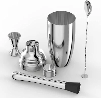 Cocktail Shaker Maker Set Shaker Glass Twisted Bar Spoon Strainer Muddler - Image 1 of 4