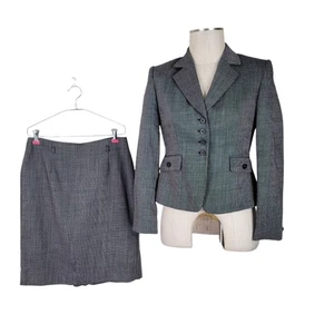 Tahari ASL Skirt Suit Women Size 4P Black White Pockets Pleated Kick Pleat Wool - Picture 1 of 9