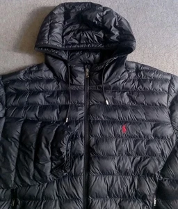 Polo Ralph Lauren Puffer Jacket Men's 4XB Black Hooded Full Zip Red Pony EUC - Picture 1 of 12