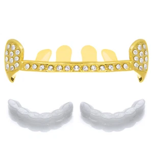 Men's Hip Hop Fangs Grillz Gold Tone Iced Top Half Teeth L620 G 1 extra Mold Bar - Picture 1 of 3