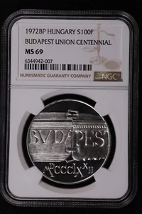 1972 Hungary Silver 100 Forint, Budapest Union Centennial - NGC MS 69 - Picture 1 of 2