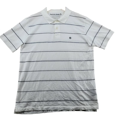 Nautica Jeans Men's Size L White Striped Pima Cotton Short Sleeve Polo Shirt - Image 1 of 4