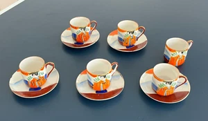 SET 5 TAZZE DA TÈ E PIATTINI VINTAGE KUTANI JAPAN DIPINTO A MANO GUSCIO D'UOVO GEISHA - Foto 1 di 10