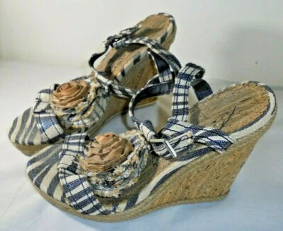 Naughty Monkey Women's 9 Zebra Stripe Canvas Floral Buckle Wedge Sandals Shoes - Image 1 of 4