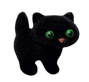 Hallmark PIN Halloween Vintage CAT BLACK Flocked GREEN EYES 1982 Brooch VG - Picture 1 of 3