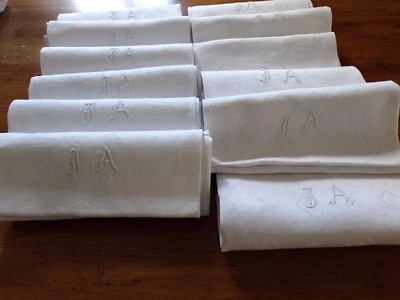 12 Serviettes en Lin Damassé  Monogramme "   D A   " - Photo 1/4