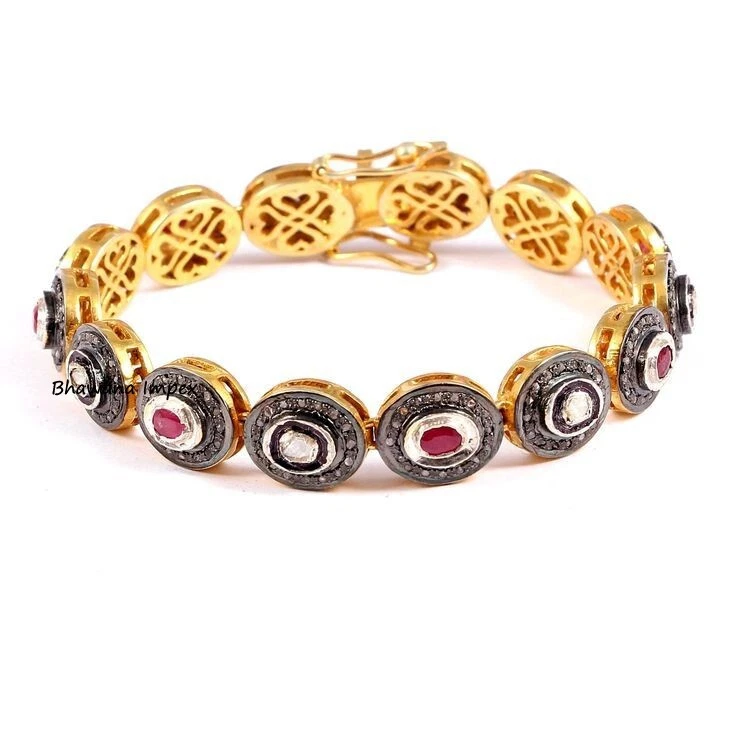 Natural Polki Diamond & Ruby Wedding Bangle Jewelry 925 Sterling Silver Jewelry - Image 1 of 1