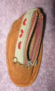 Alter, 1940er kleiner brauner weicher Leder Perlen Münzhalter Kleingeld Geldbörse Reißverschluss Fehler - Bild 1 von 7