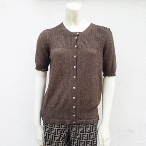 Vintage Sonia Bogner Womens Brown Metallic Button Up Blouse Short Sleeve Size 10 - Picture 1 of 7
