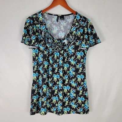 New Directions Shirt Womens Large Top Floral Short Sleeve Rose Scoop Neck Blouse - Image 1 of 4