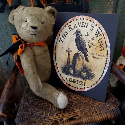 LETRERO ESTILO VINTAGE RETRO SHABBY PRIMITIVO CEMENTERIO CUERVO ALA CUERVO HALLOWEEN Foto 1 de 4