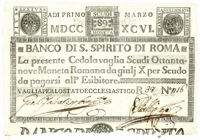 89 SCUDI CEDOLA BANCO DI SANTO SPIRITO DI ROMA 01/03/1796 qFDS - Image 1 of 4