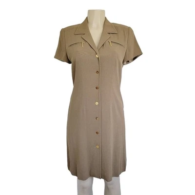 Vintage Linda Allard Ellen Tracy Military Green w/ Gold Button Down Shirt Dress - Image 1 of 4