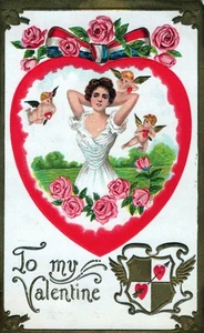 Embossed Valentine Postcard Heart Roses Lady & Cupids – Used  P5G - Picture 1 of 2